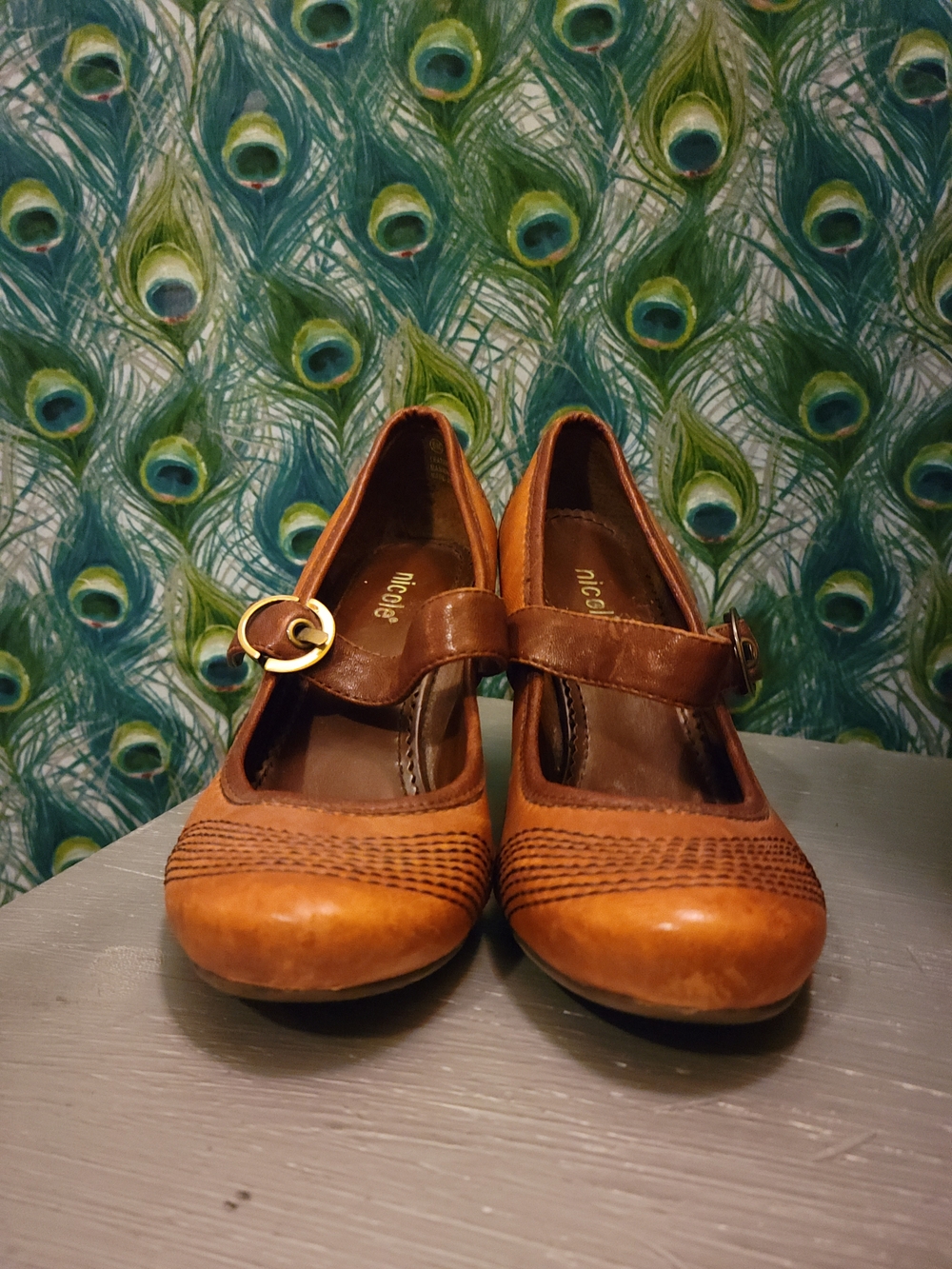Nicole Brown Leather Mary Jane Pumps - Tan